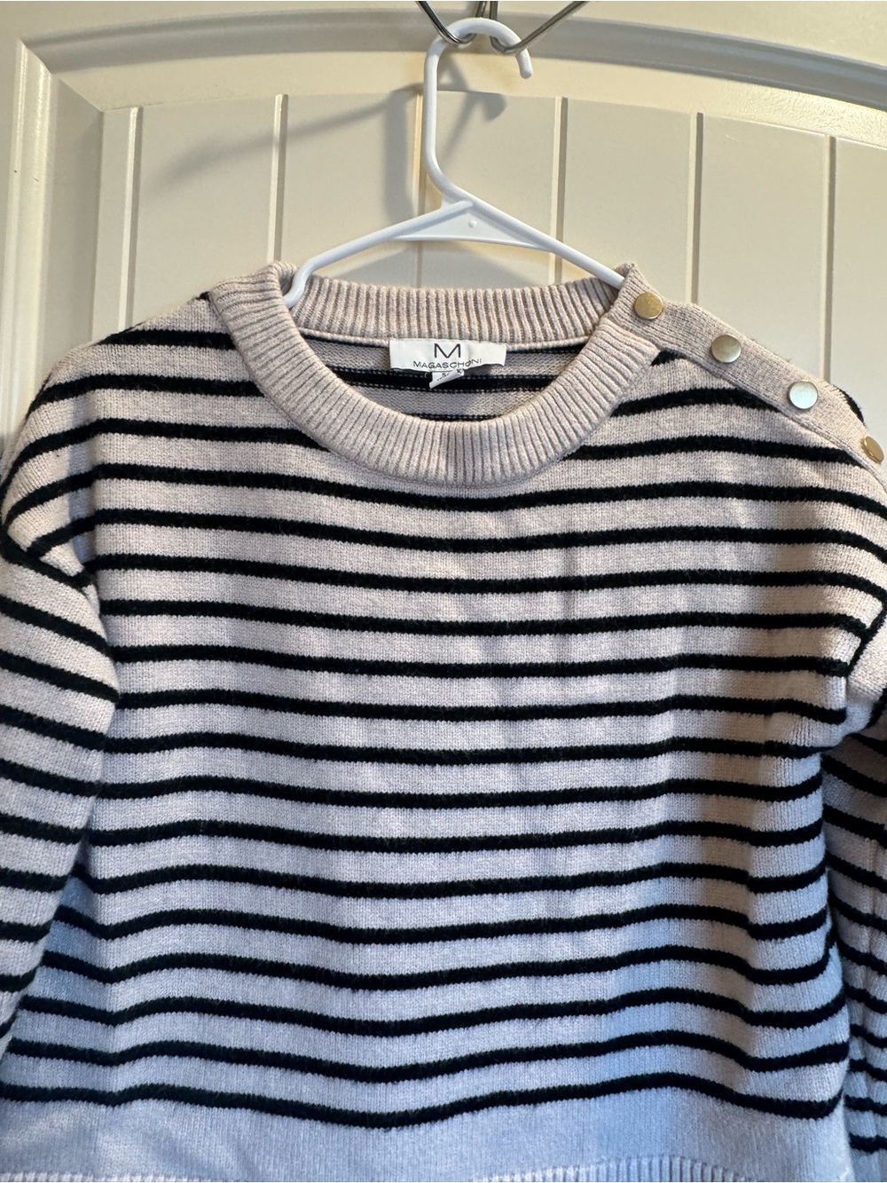 Magaschoni Cream and Black Striped Crewneck with Shoulder Buttons